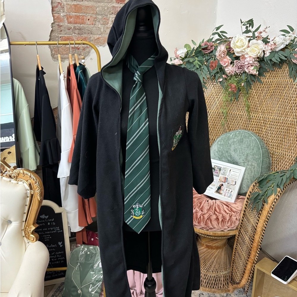 Black Hooded Coat with Green Accents